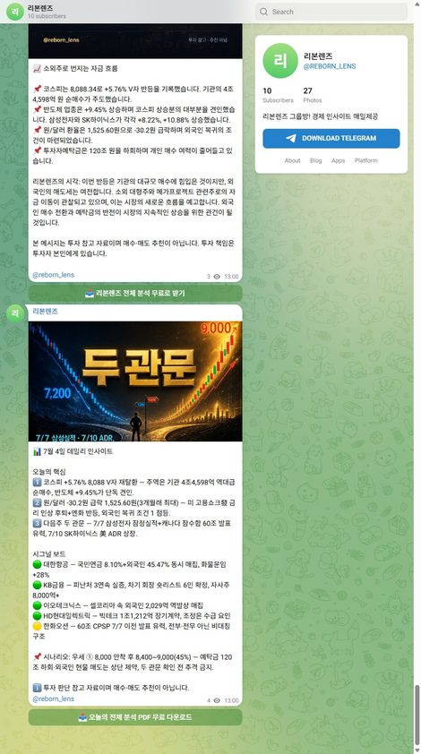 인사이트 카드가 자동으로 발행되고 있는 실제 텔레그램 채널 화면